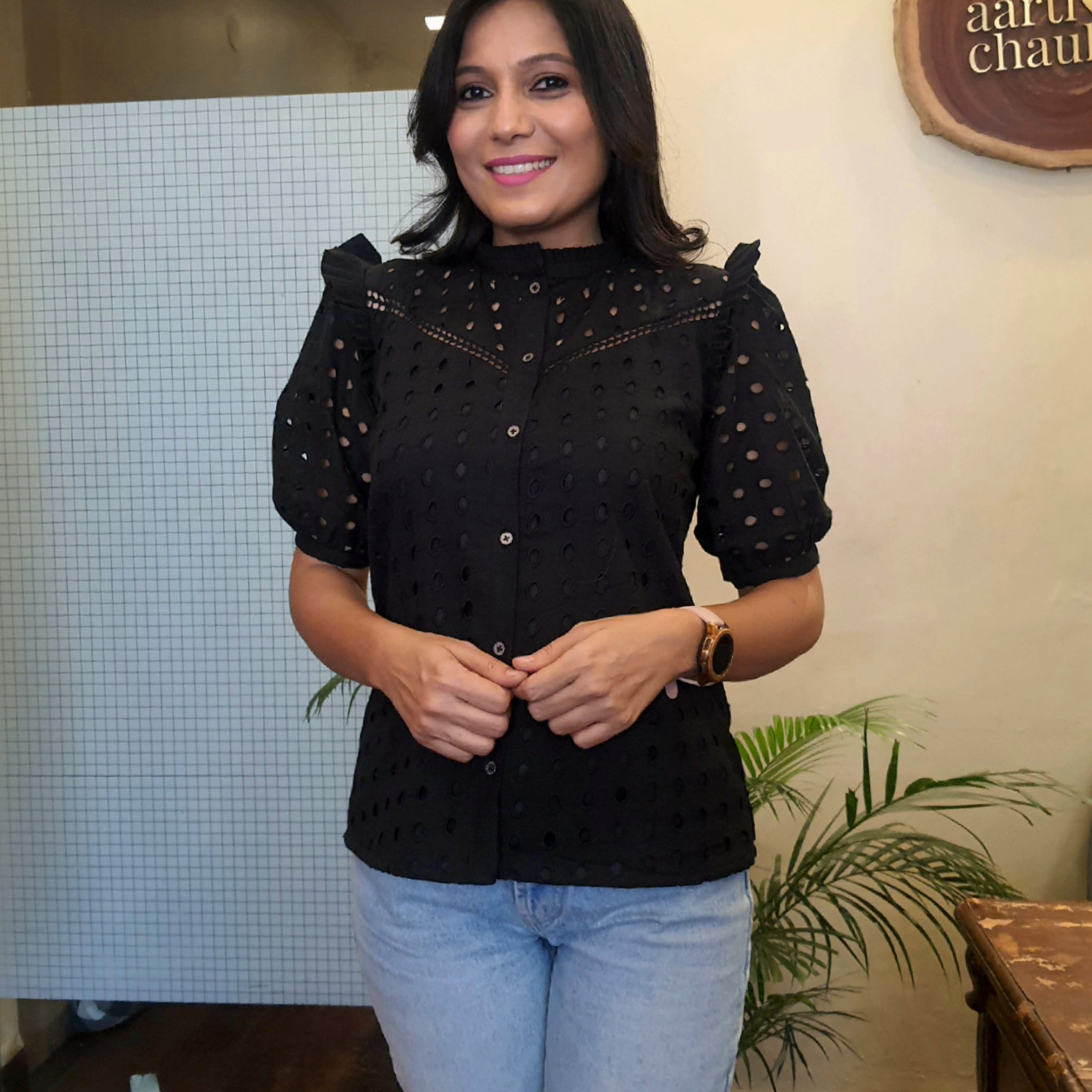 Schiffli Embroidered Shirt Black