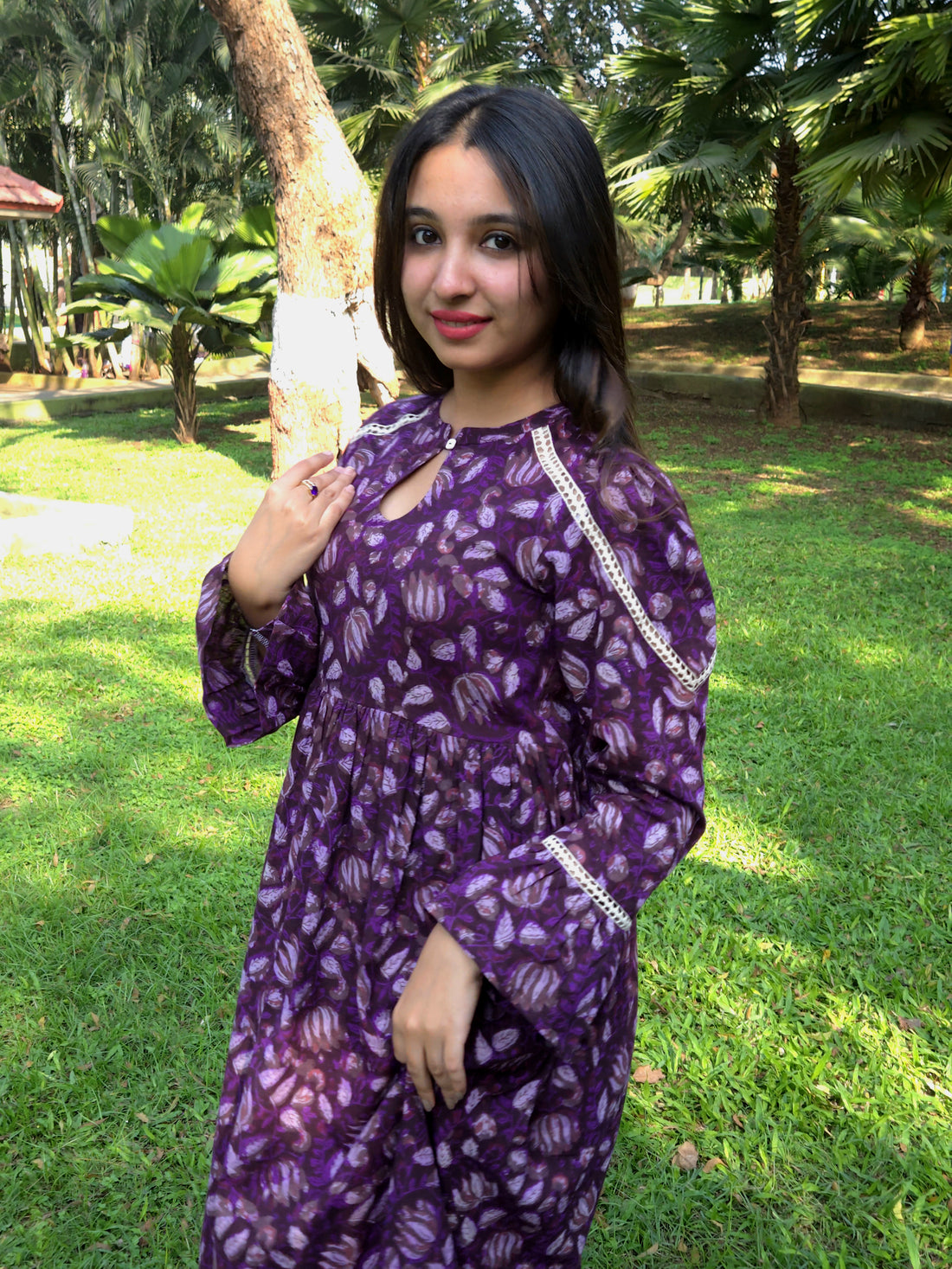 Block Printed Flared Dress-Purple