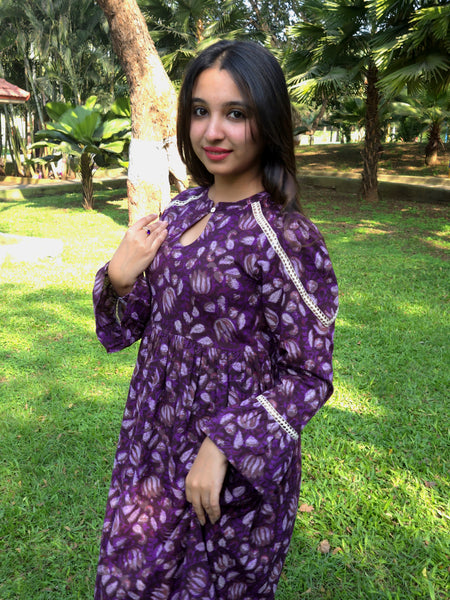 Block Printed Flared Dress-Purple