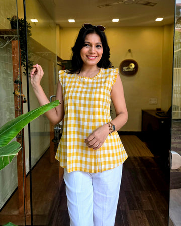 Checkmate Handloom Cotton Top - Yellow