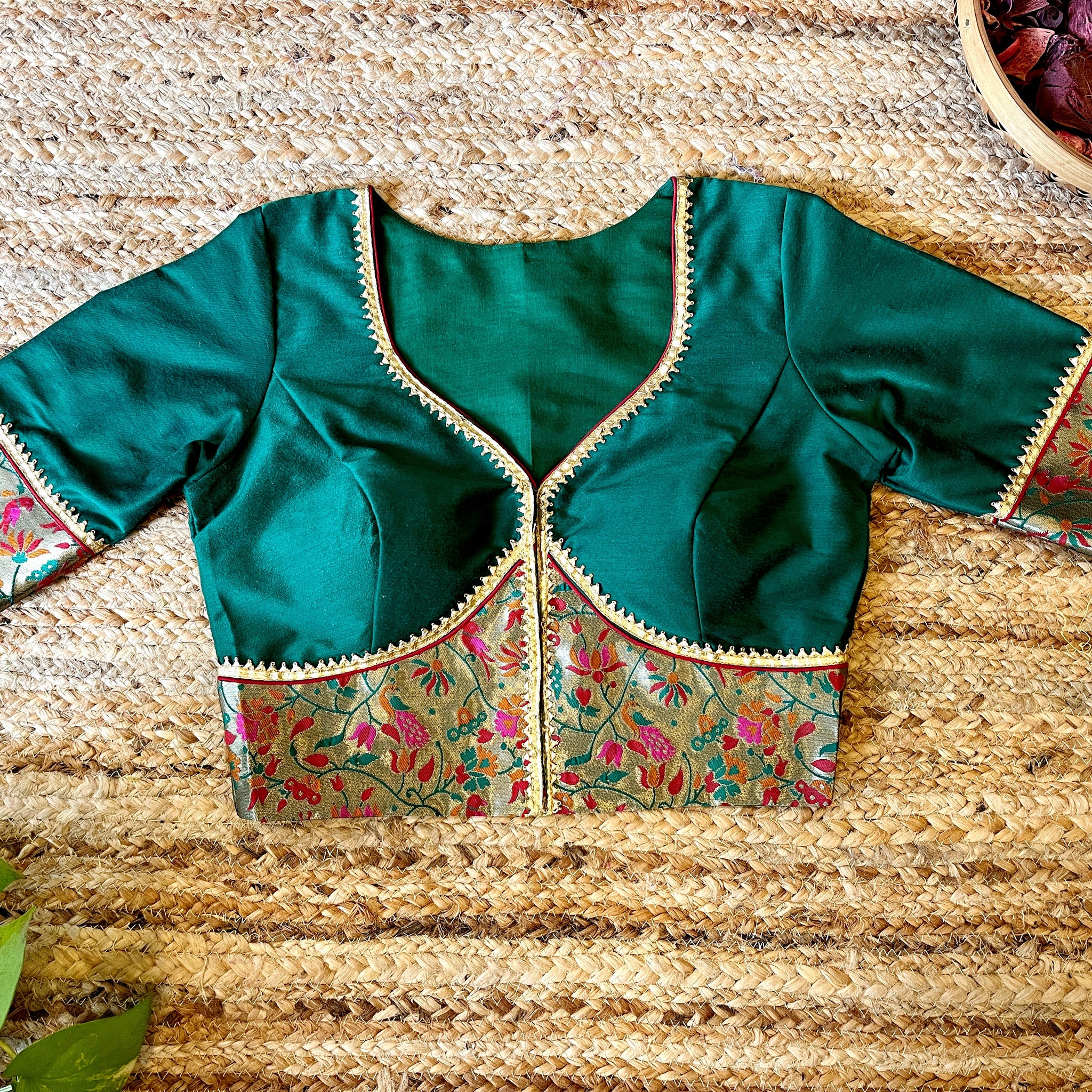 "Rasham Kali" Brocade Patch Work Blouse Green
