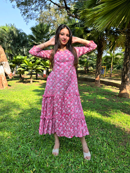 Block Printed Flared Dress-Pink