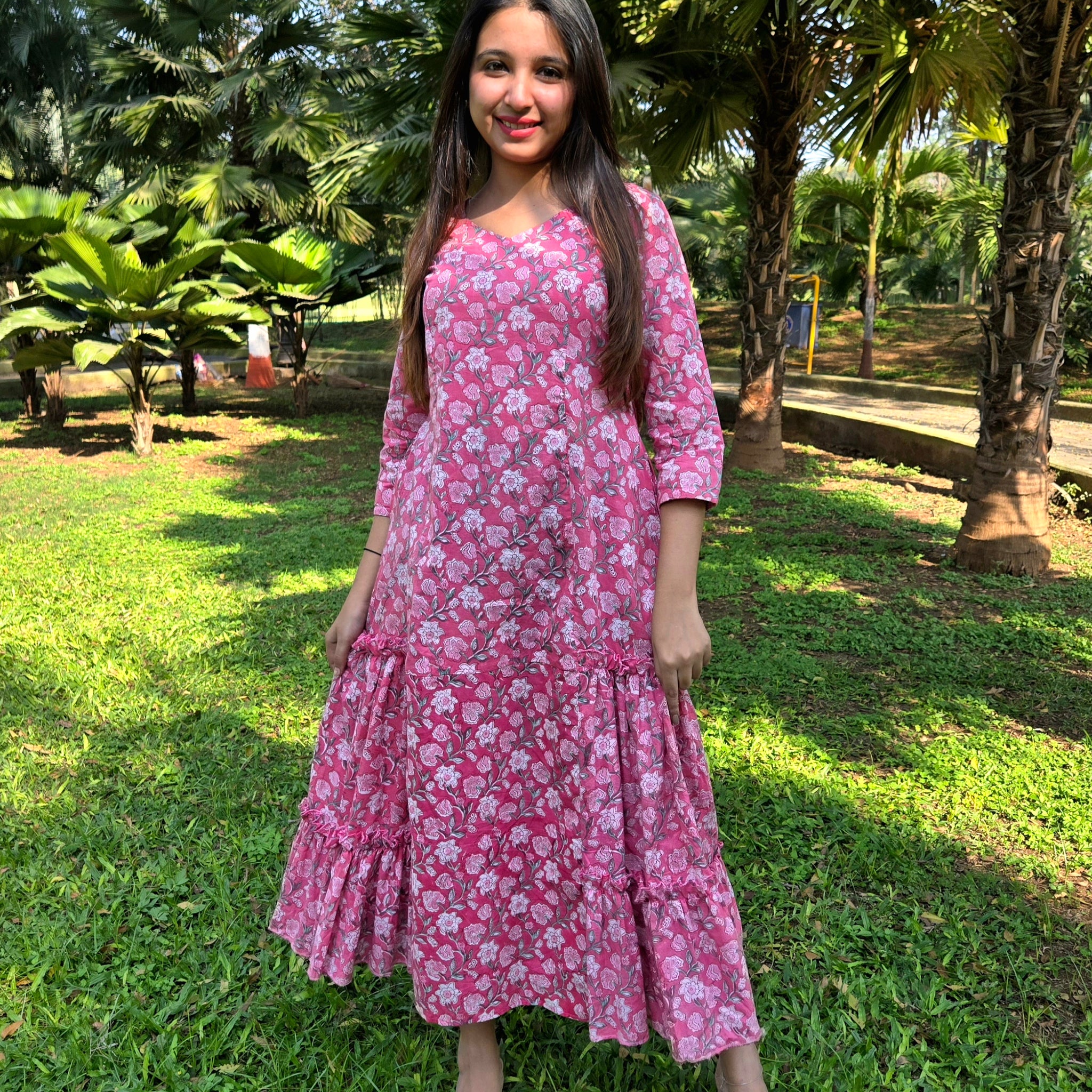 Block Printed Flared Dress-Pink