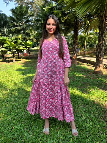 Block Printed Flared Dress-Pink