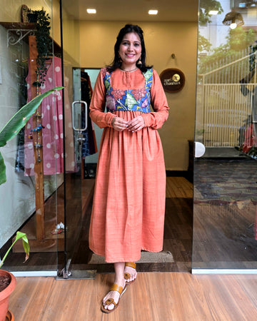 Chitralekha-Handpainted Kalamkari Koti & Dress Set Rust