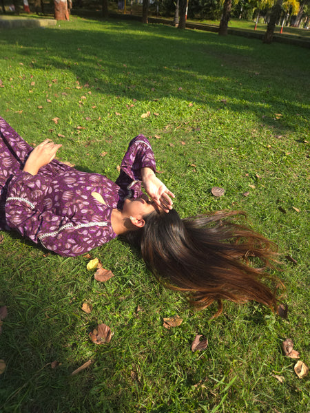 Block Printed Flared Dress-Purple