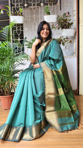 "Gauri" Maheshwari Silk Handloom Saree-Sap Green