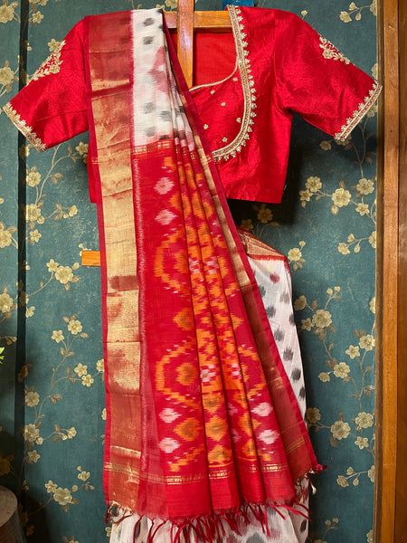 "Navrang Patola"- Handloom Cotton Silk Saree White Red