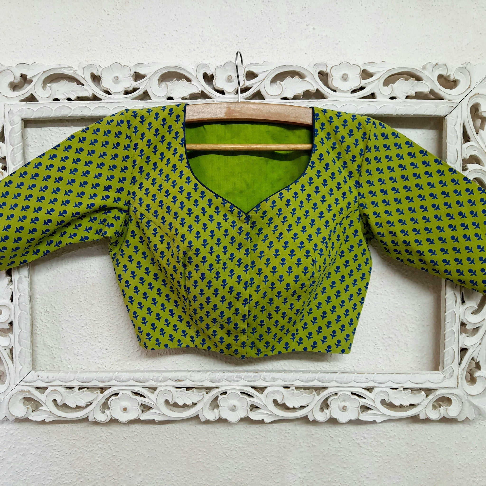 "Neela Phul" a block printed green blouse - Label Aarti Chauhan