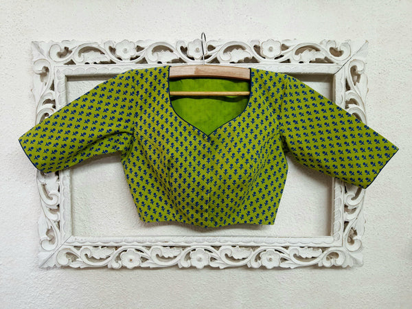 "Neela Phul" a block printed green blouse - Label Aarti Chauhan