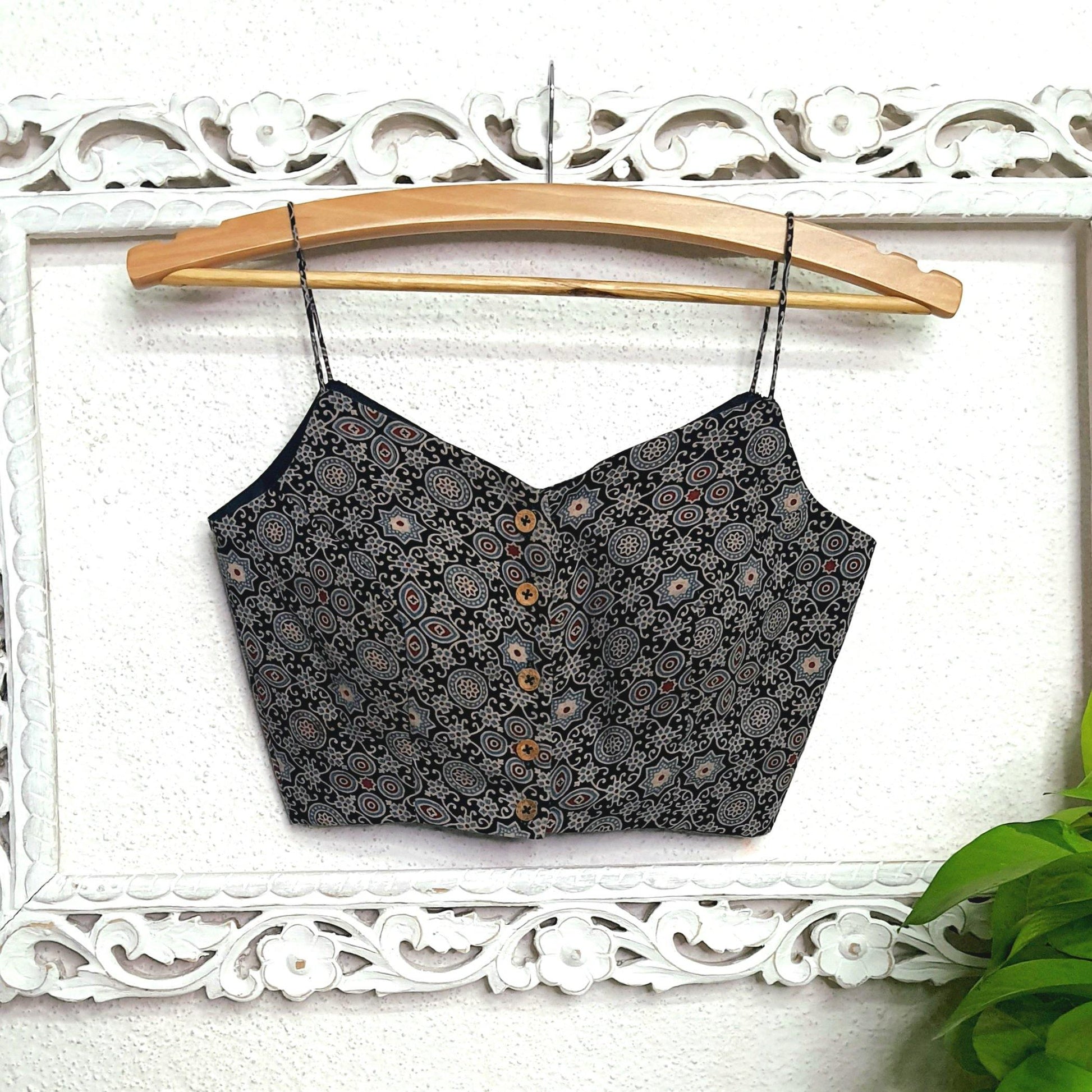 "Taara" - Hand Blocked Printed Ajrakh Blouse (Black) - Label Aarti Chauhan