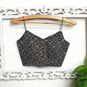 "Taara" - Hand Blocked Printed Ajrakh Blouse (Black) - Label Aarti Chauhan