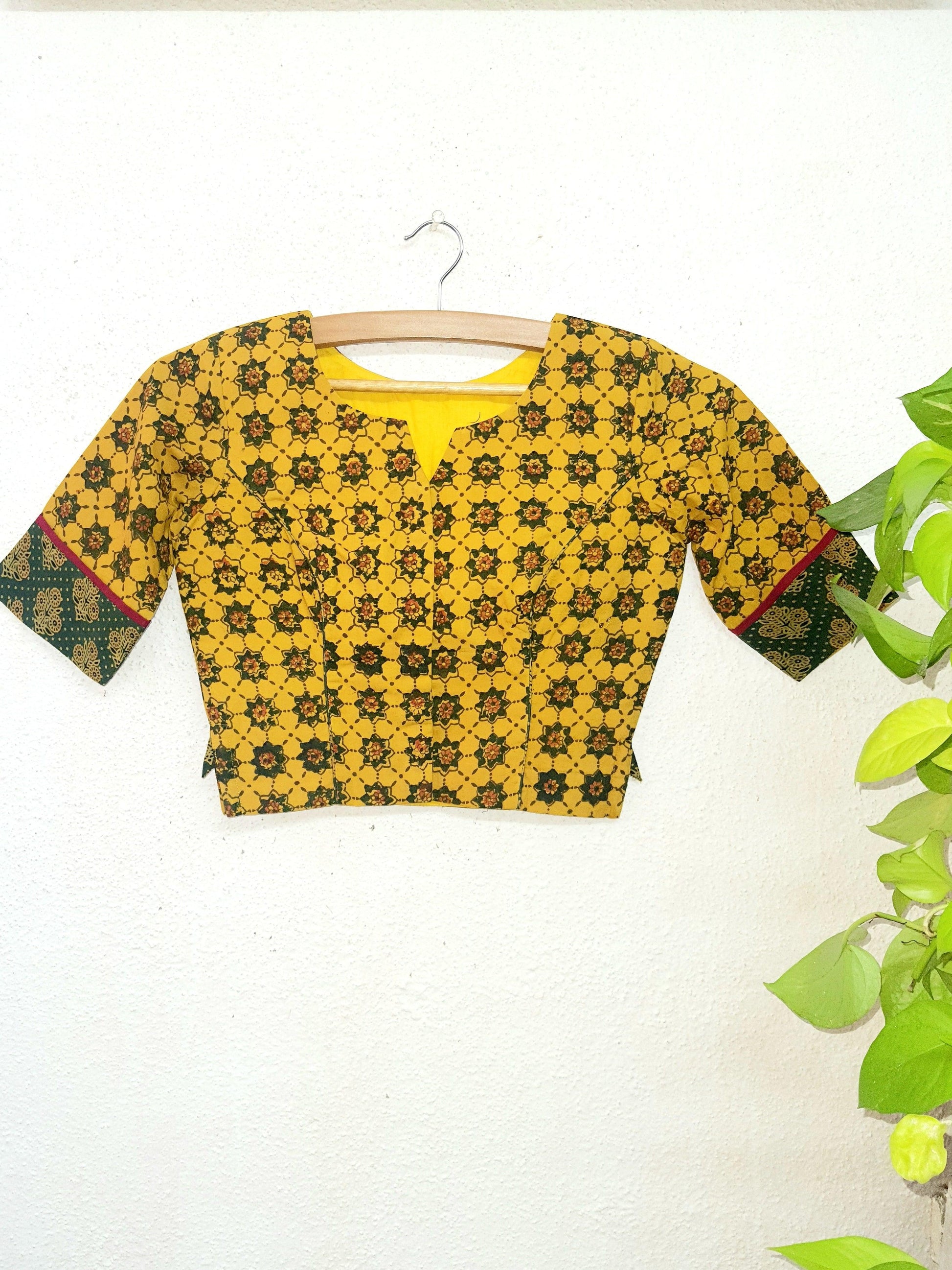 "Naina" - Cotton Ajrakh Blouse Yellow2 - Label Aarti Chauhan
