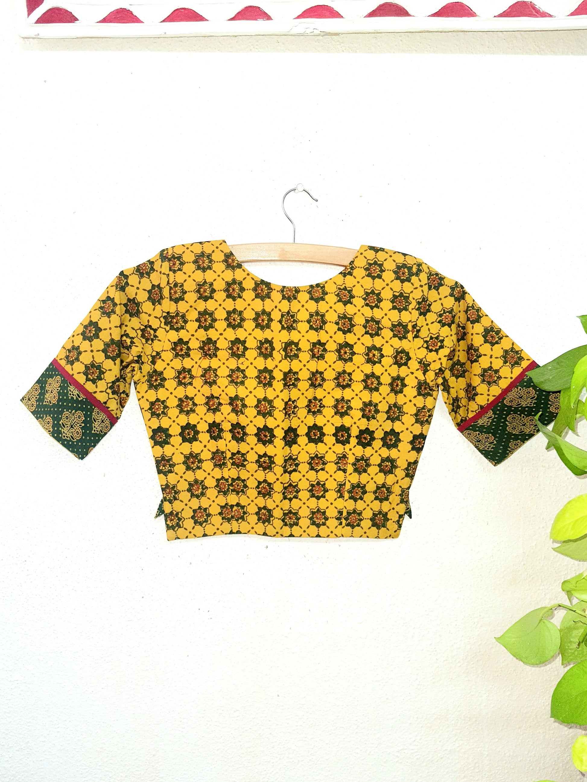 "Naina" - Cotton Ajrakh Blouse Yellow2 - Label Aarti Chauhan