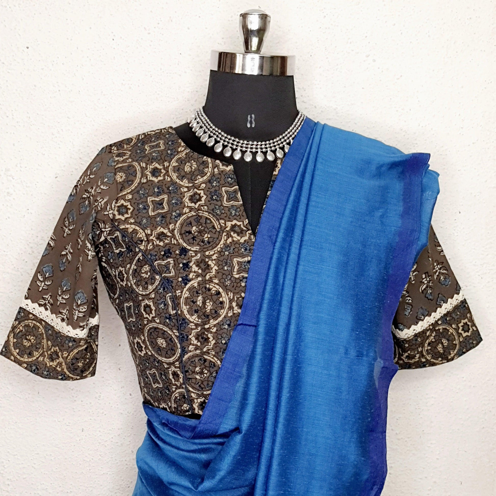 "Naina"- Ajrakh Handblocked Printed Blouse Grey - Label Aarti Chauhan