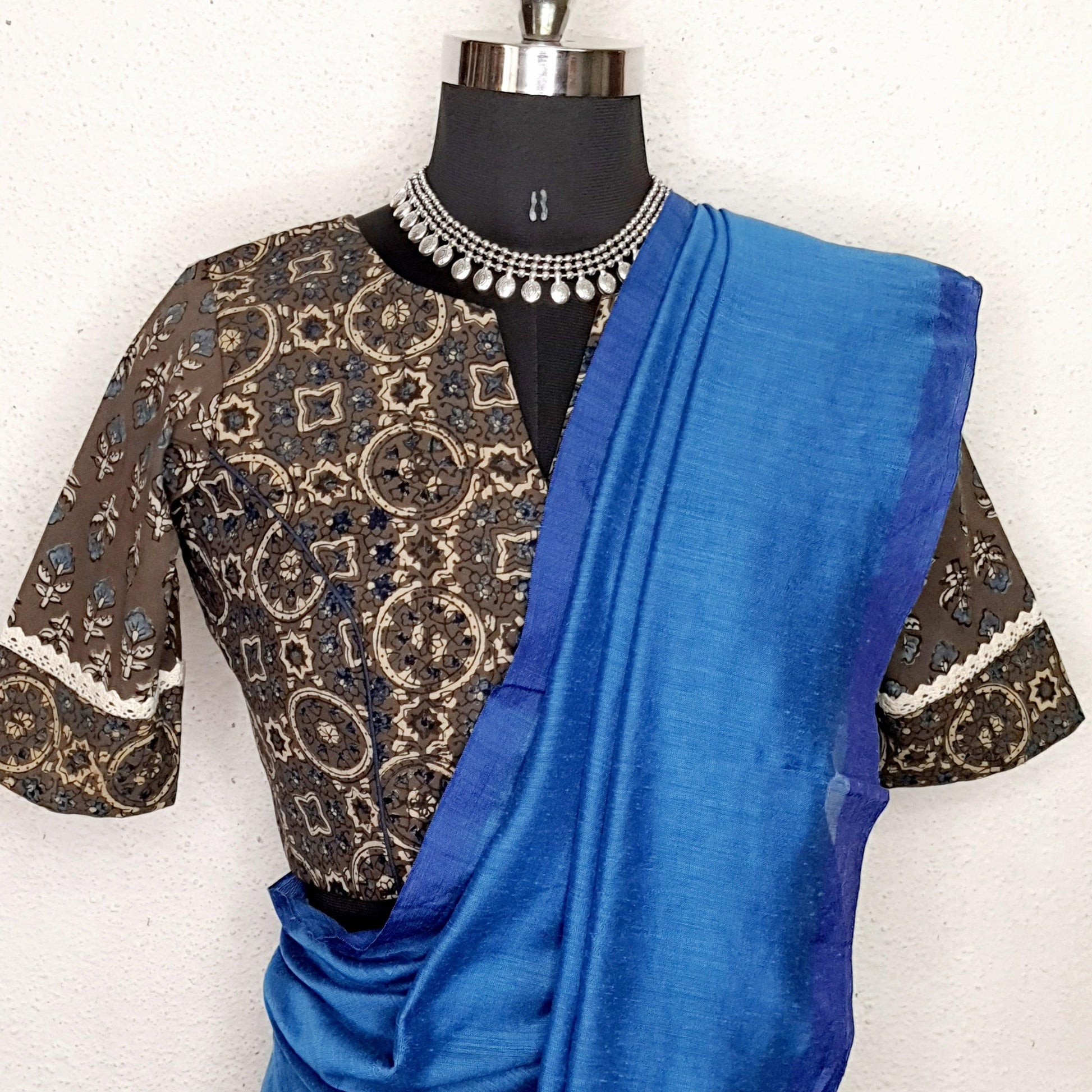 "Naina"- Ajrakh Handblocked Printed Blouse Grey - Label Aarti Chauhan