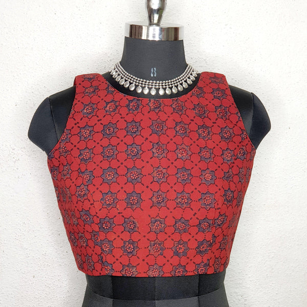 "Naina" - Cotton Ajrakh blouse Red1 - Label Aarti Chauhan