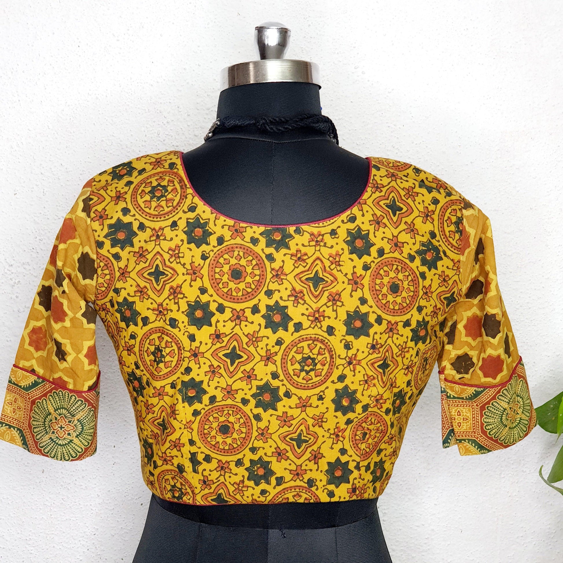 "Naina" - Cotton Ajrakh Blouse Yellow2 - Label Aarti Chauhan
