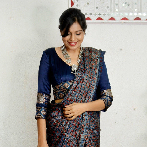 "Aesthetic Ajrakh"- Ajrakh Mashroo Silk Patch work blouse Blouse Indigo - Label Aarti Chauhan