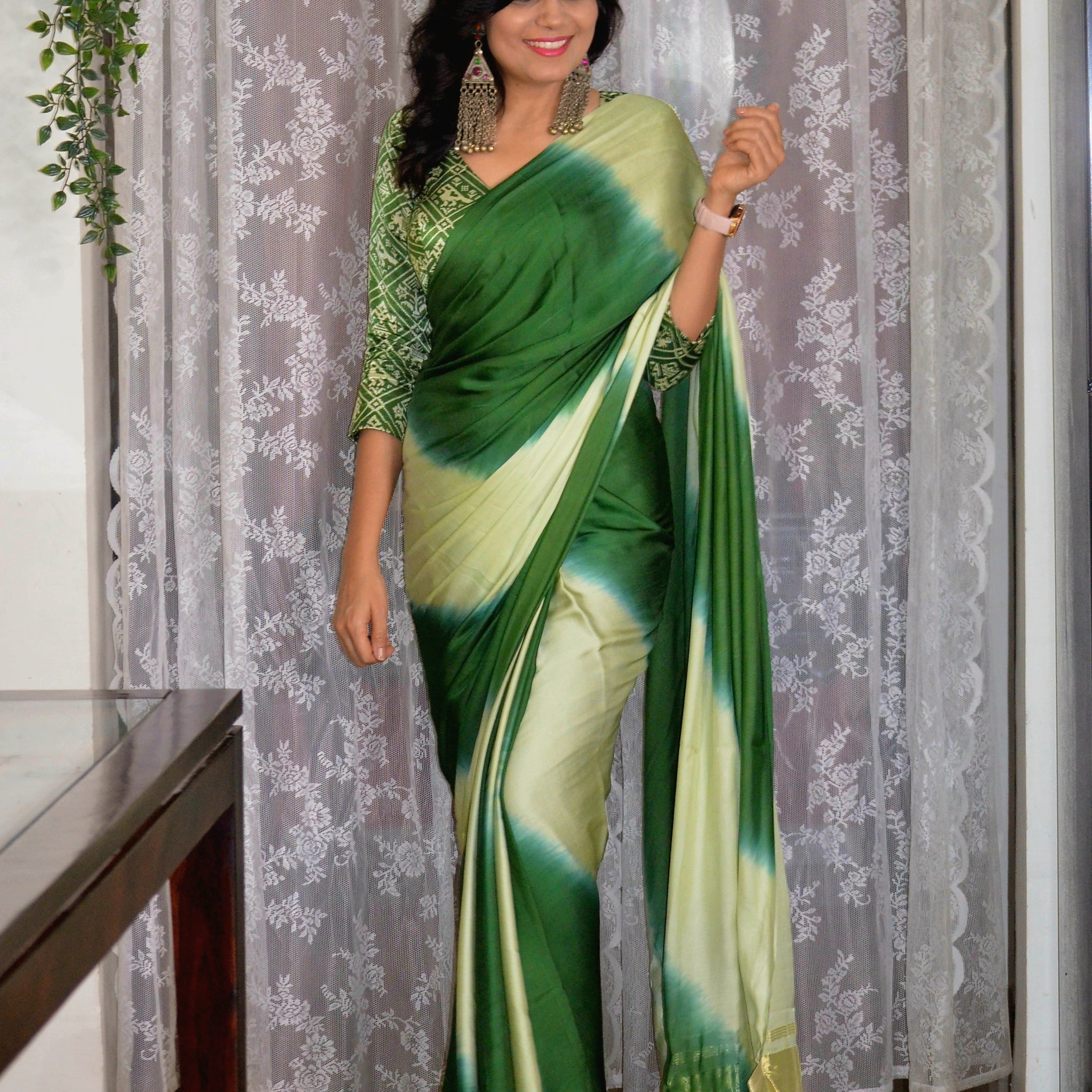 'Leher' - Modal Silk Tie and Dye Saree Green