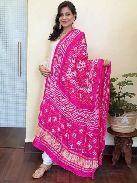 Gajji silk Bandhani Dupatta-Bright Pink