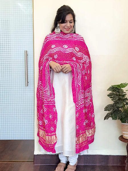 Gajji silk Bandhani Dupatta-Bright Pink