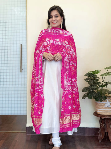 Gajji silk Bandhani Dupatta-Bright Pink