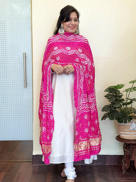 Gajji silk Bandhani Dupatta-Bright Pink