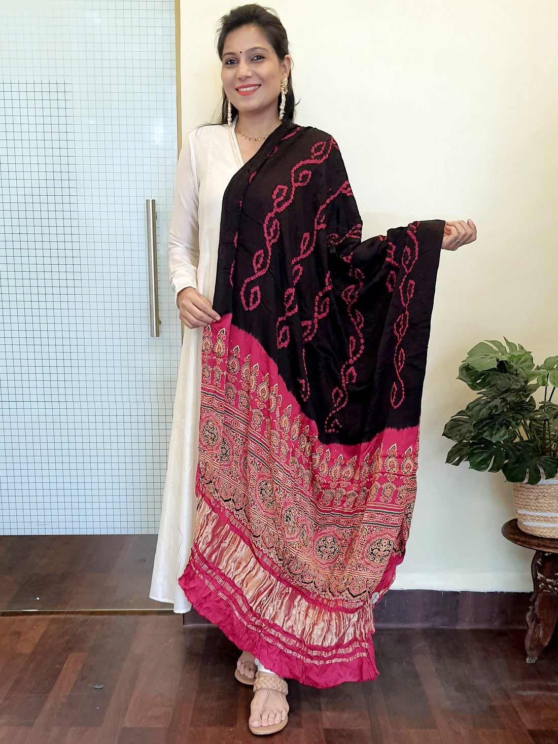 Modal Ajrakh Bandhani Dupatta Black-Maroon