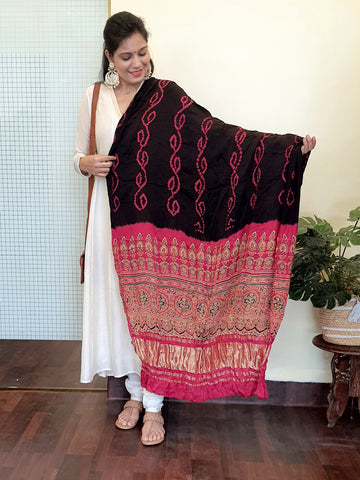 Modal Ajrakh Bandhani Dupatta Black-Maroon