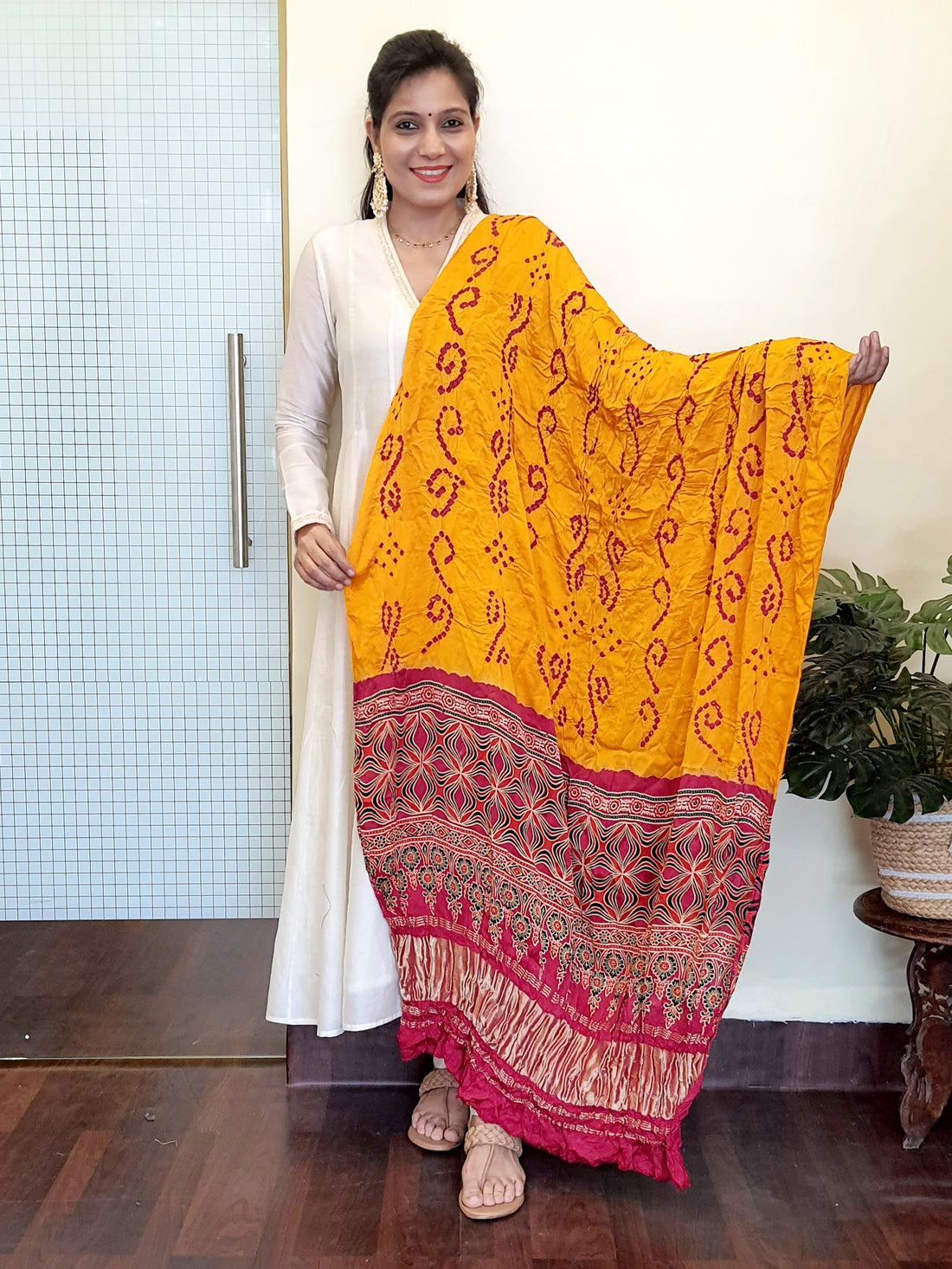 Modal Ajrakh Bandhani Dupatta Yellow-Maroon