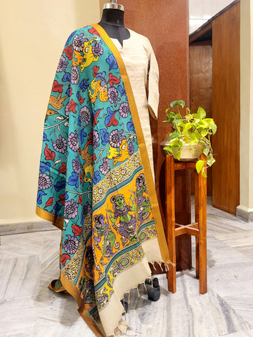 Pen Kalamkari Banglore Silk Dupatta Blue