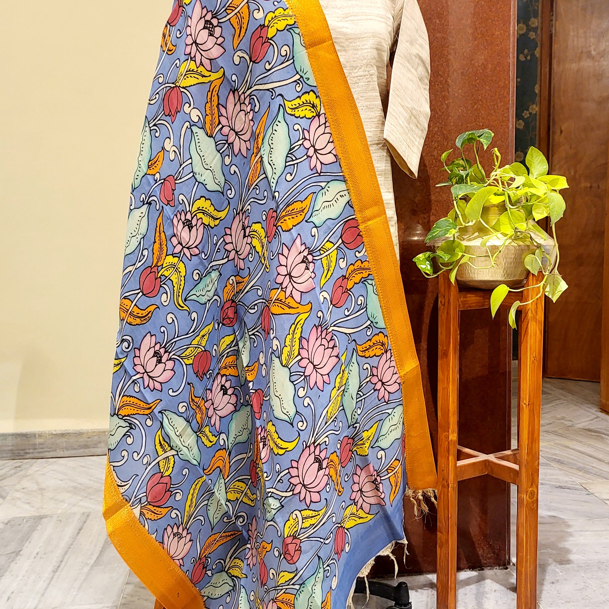Pen Kalamkari Banglore Silk Dupatta Indigo