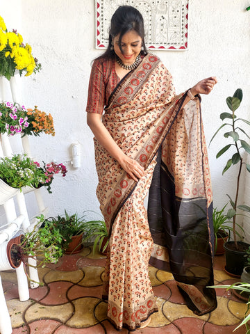 Chanderi Handblock Printed Saree-Beige