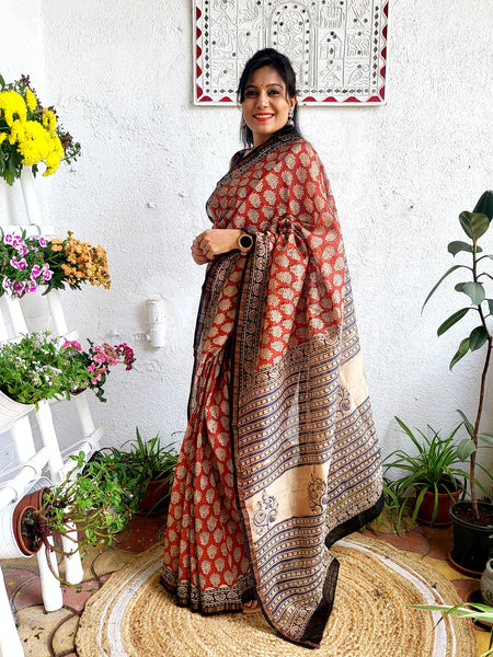 Chanderi Handblock Printed Saree Rust 1