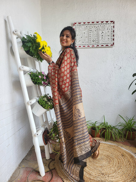 Chanderi Handblock Printed Saree Rust 1