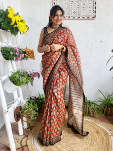 Chanderi Handblock Printed Saree Rust 1