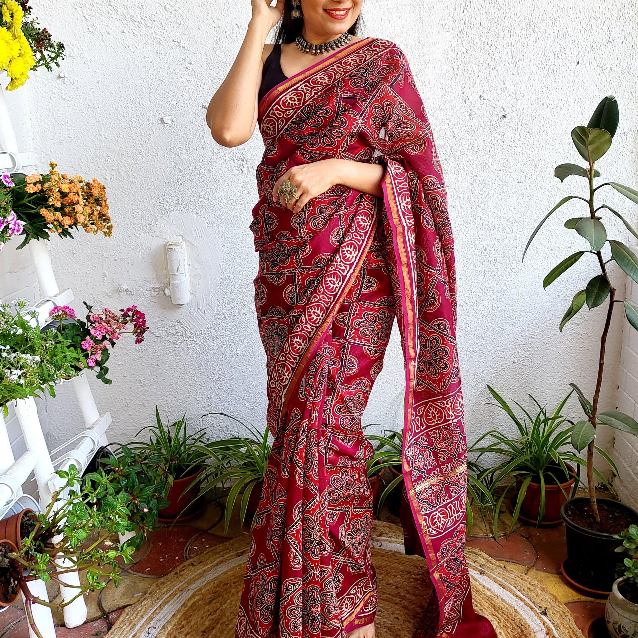 Chanderi Handblock Printed Saree-Maroon