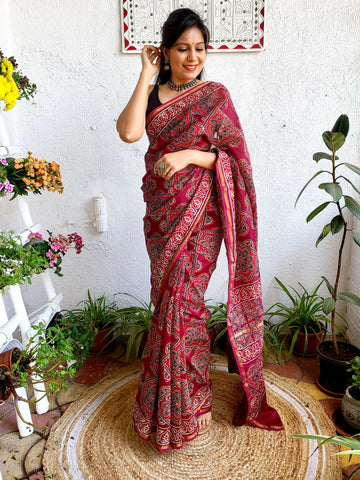 Chanderi Handblock Printed Saree-Maroon