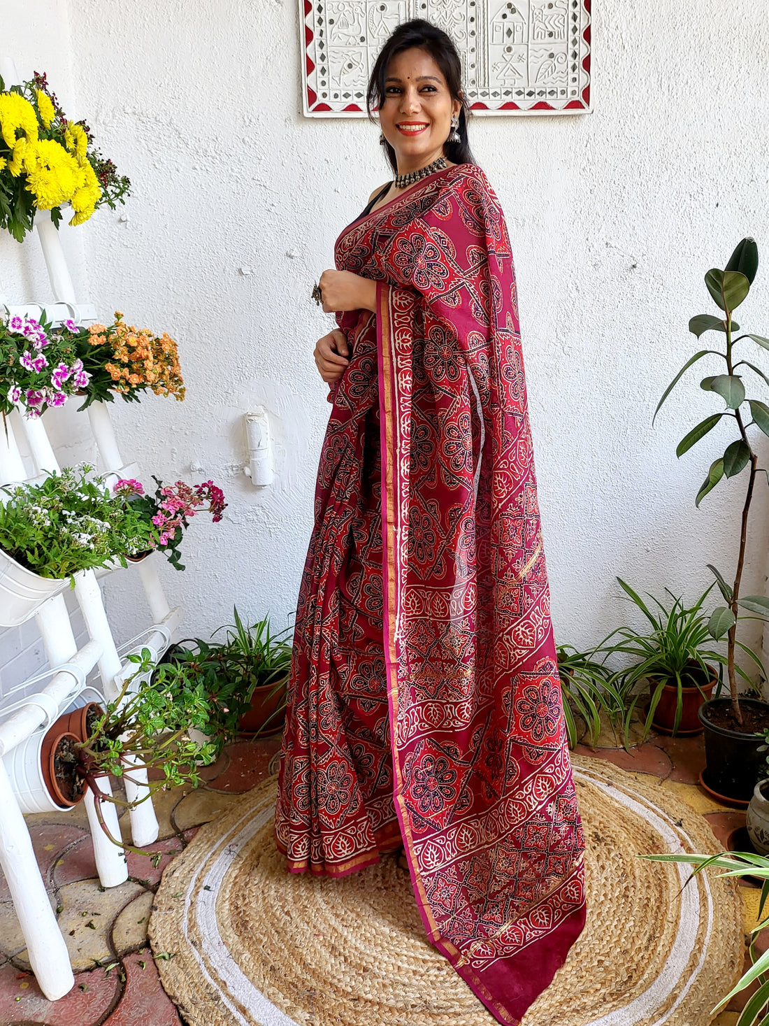 Chanderi Handblock Printed Saree-Maroon