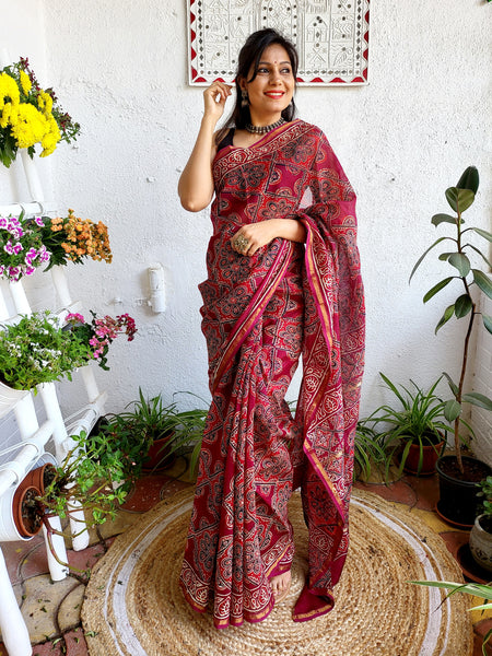 Chanderi Handblock Printed Saree-Maroon