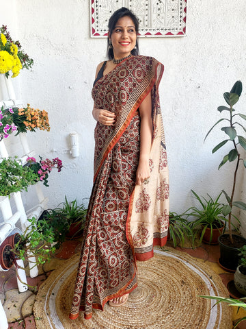 Chanderi Handblock Printed Saree Rust 4