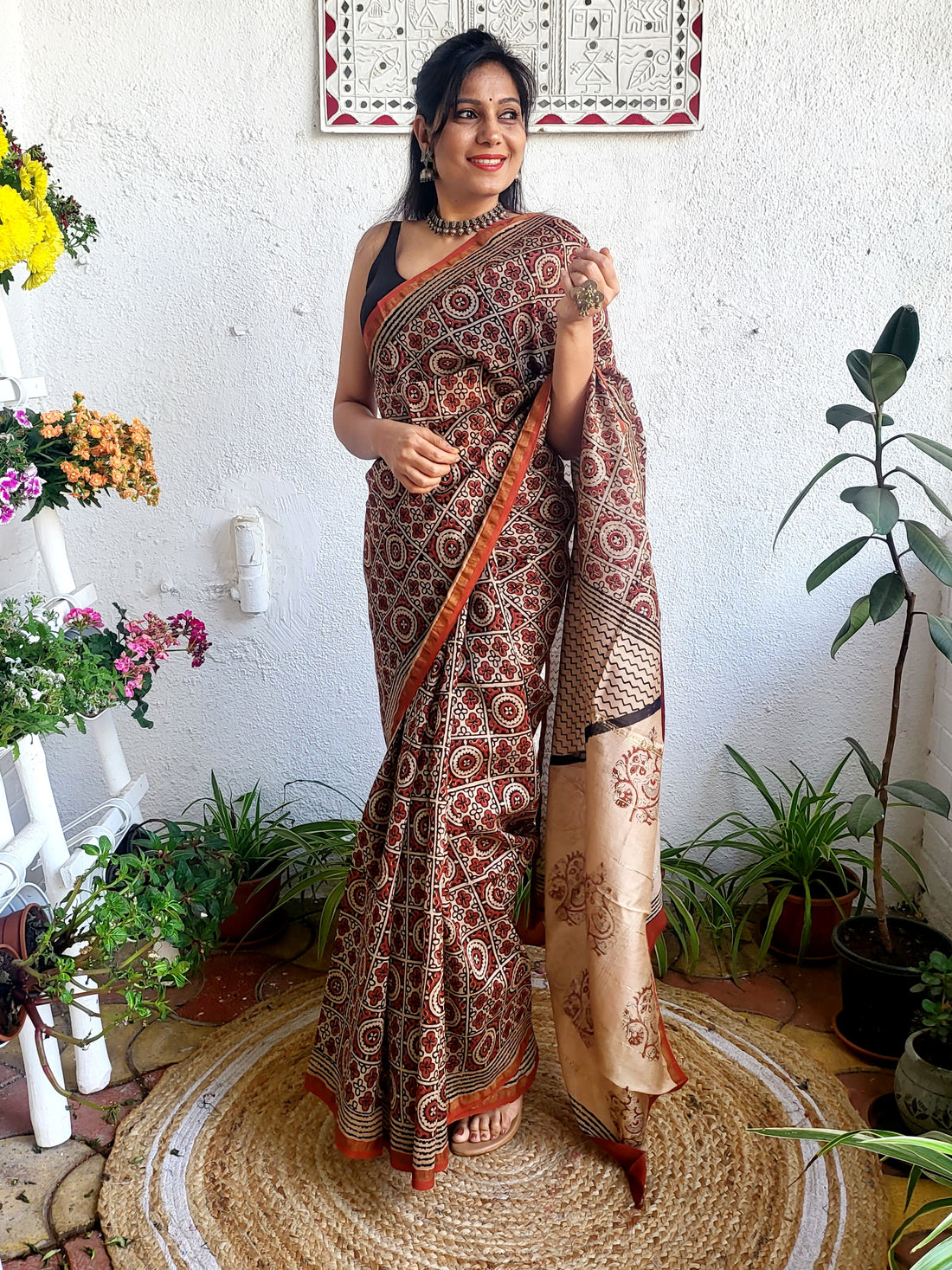 Chanderi Handblock Printed Saree Rust 4