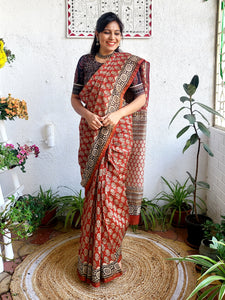 Chanderi Handblock Printed Saree Rust 2