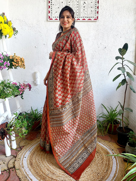 Chanderi Handblock Printed Saree Rust 2