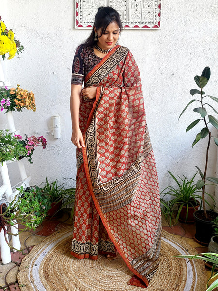 Chanderi Handblock Printed Saree Rust 2