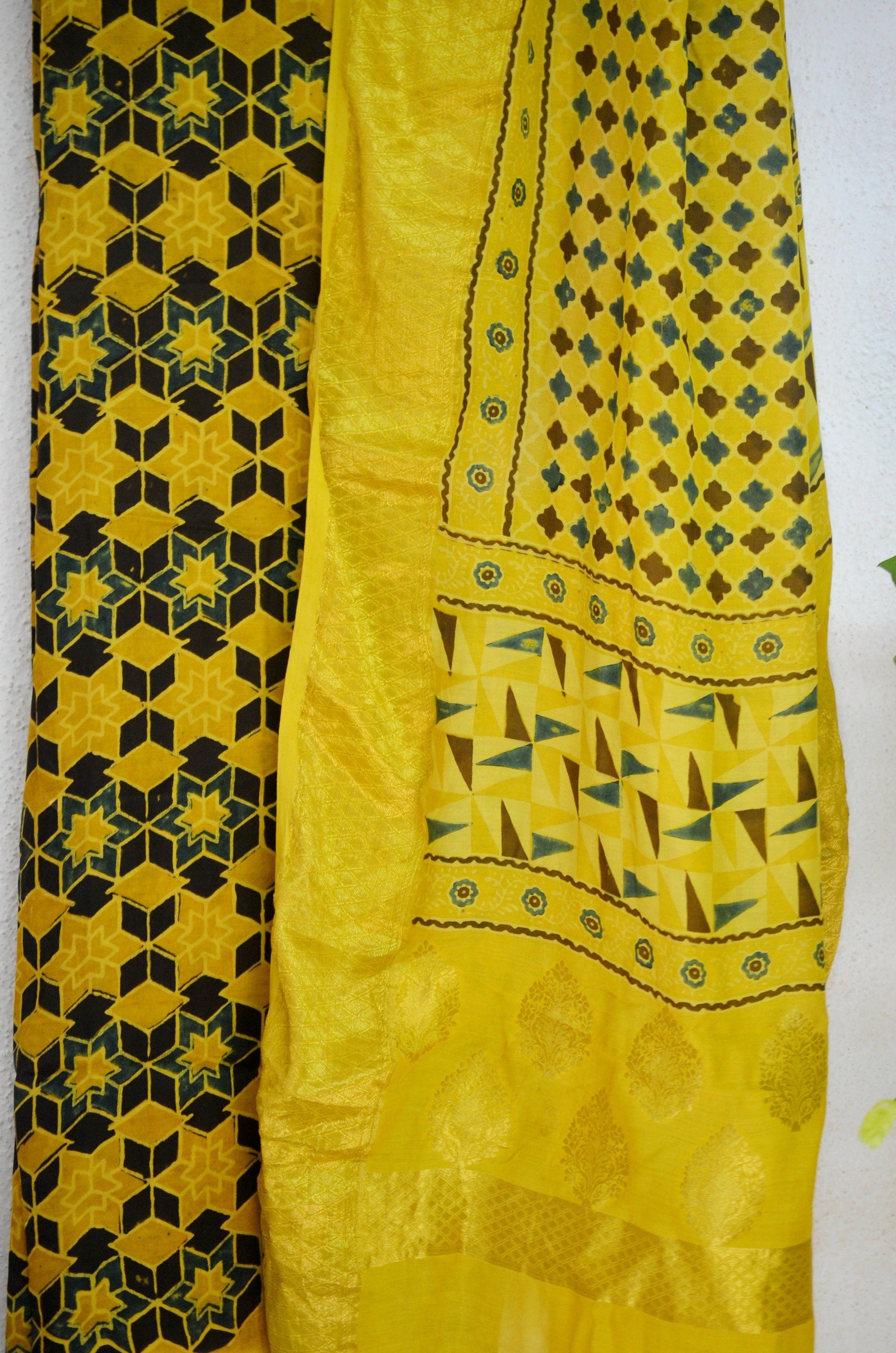 Green & Mustard Modal Silk Ajrakh Print Kurta Dupatta Set3 - Label Aarti Chauhan