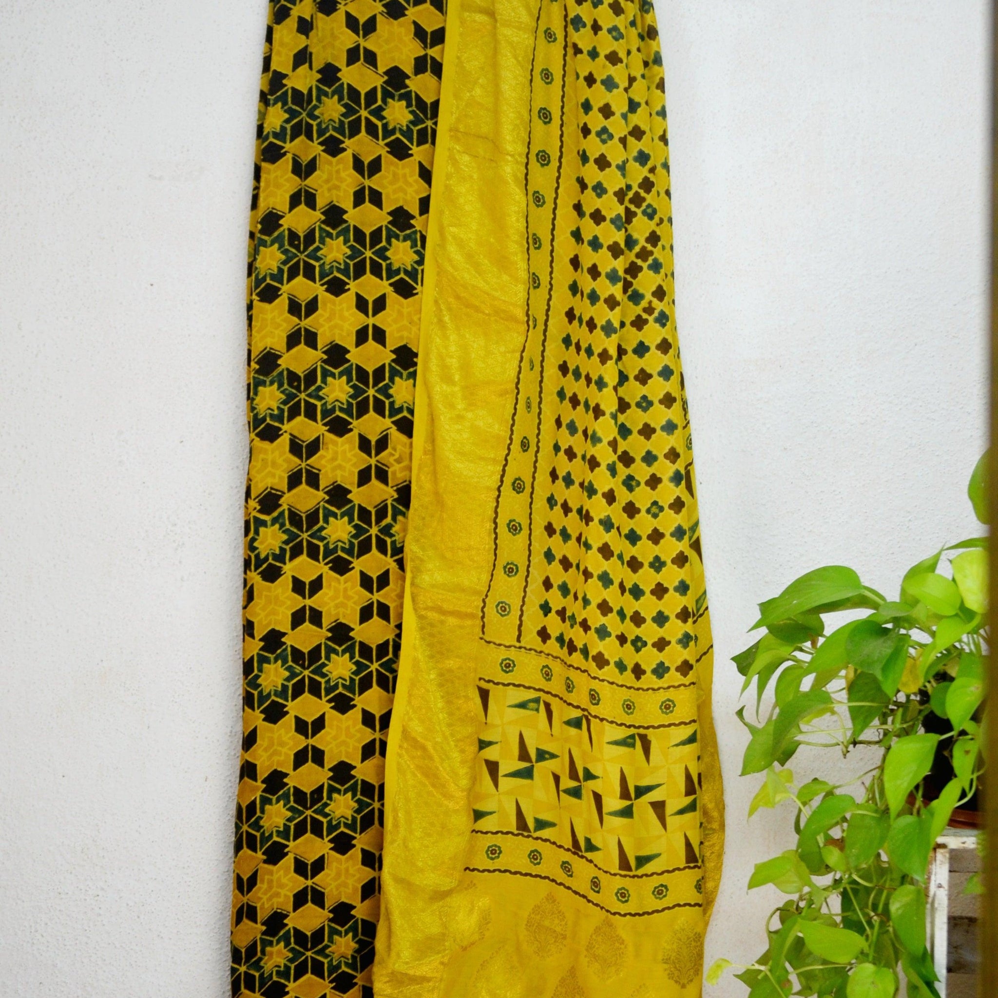 Green & Mustard Modal Silk Ajrakh Print Kurta Dupatta Set3 - Label Aarti Chauhan