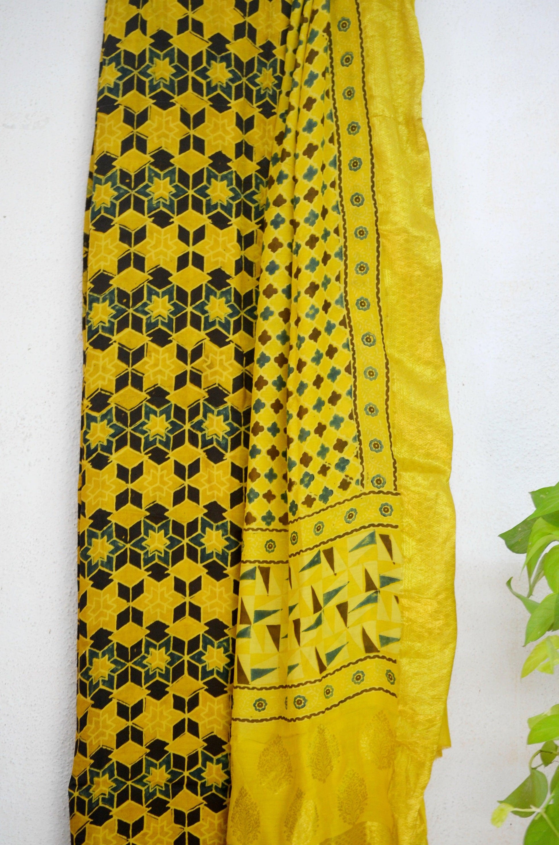 Green & Mustard Modal Silk Ajrakh Print Kurta Dupatta Set3 - Label Aarti Chauhan