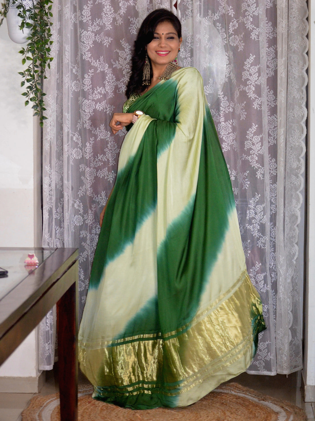 'Leher' - Modal Silk Tie and Dye Saree Green